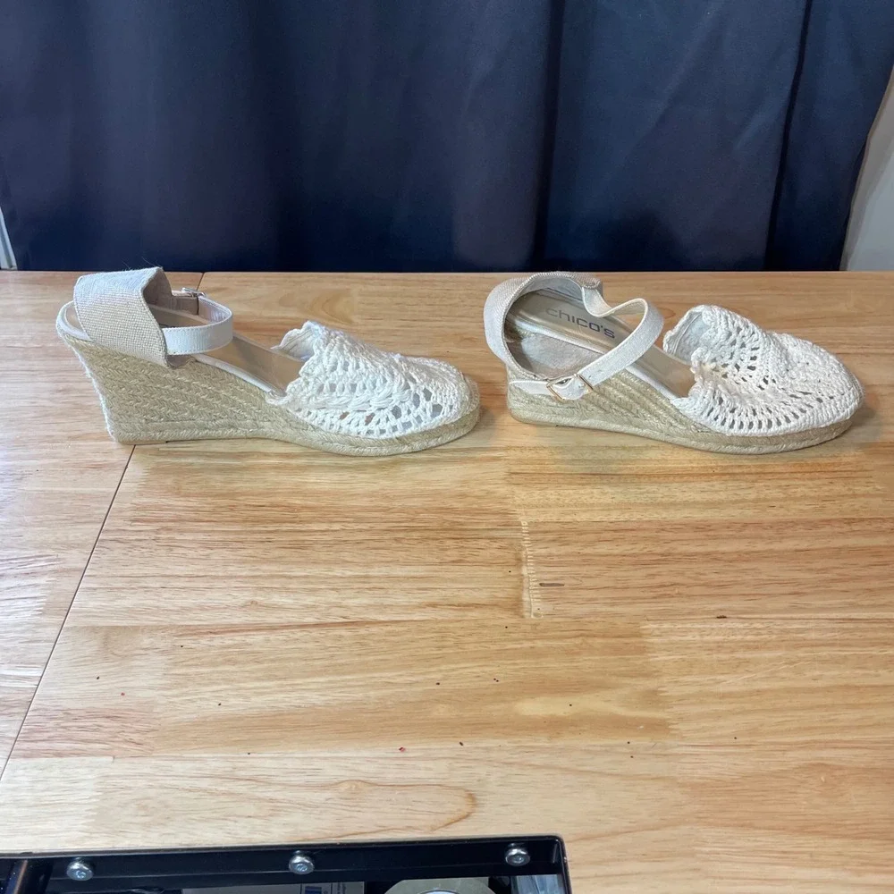 Chicos Womens Crochet Espadrille Wedge Sandals Cream Ankle Strap Size 10